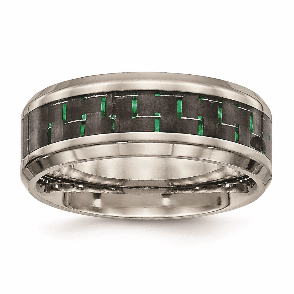 Titanium Polished Black/Green Carbon Fiber Inlay Ring | TB464