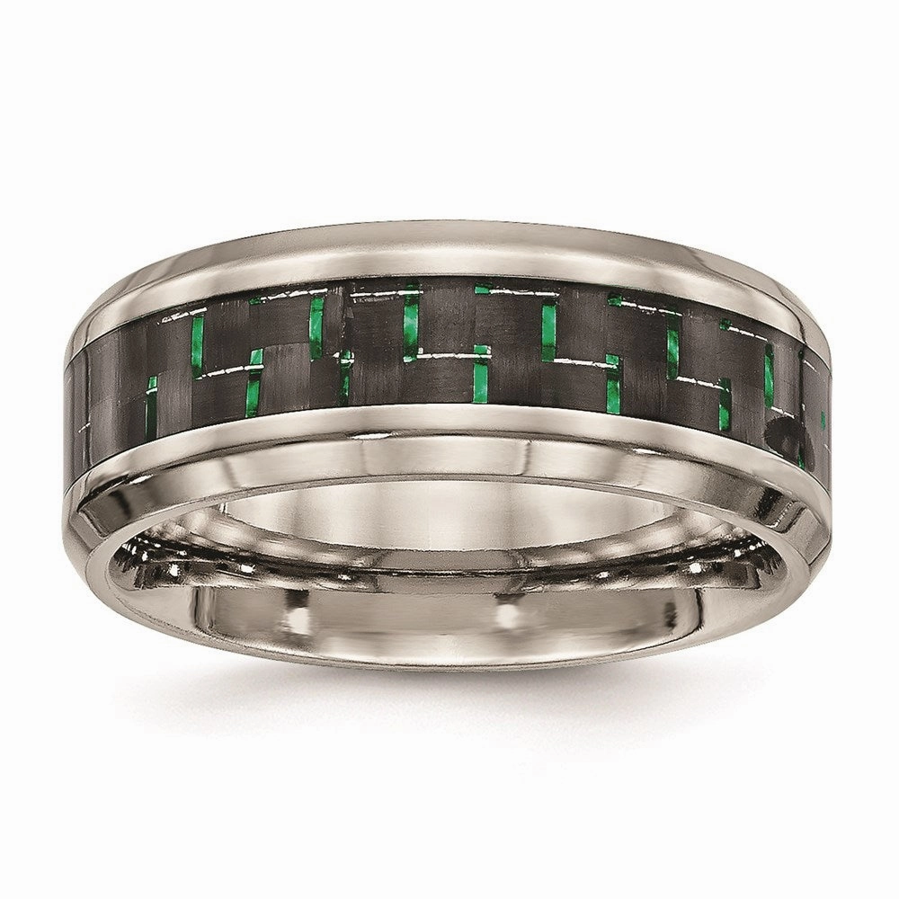 Titanium Polished Black/Green Carbon Fiber Inlay Ring | TB464