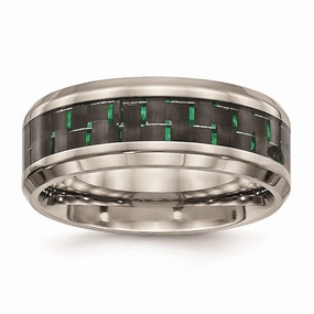 Titanium Polished Black/Green Carbon Fiber Inlay Ring | TB464