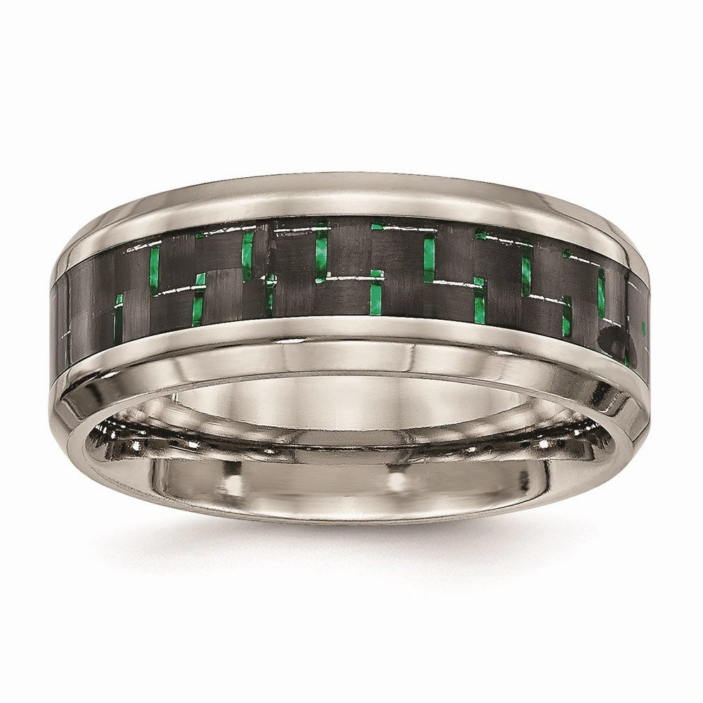Titanium Polished Black/Green Carbon Fiber Inlay Ring | TB464