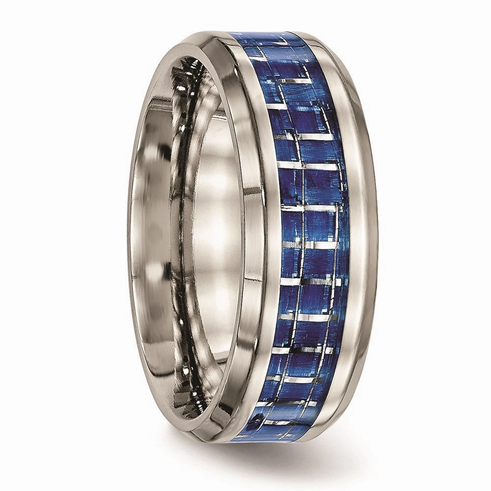 Titanium Polished Blue/White Carbon Fiber Inlay Ring | TB466
