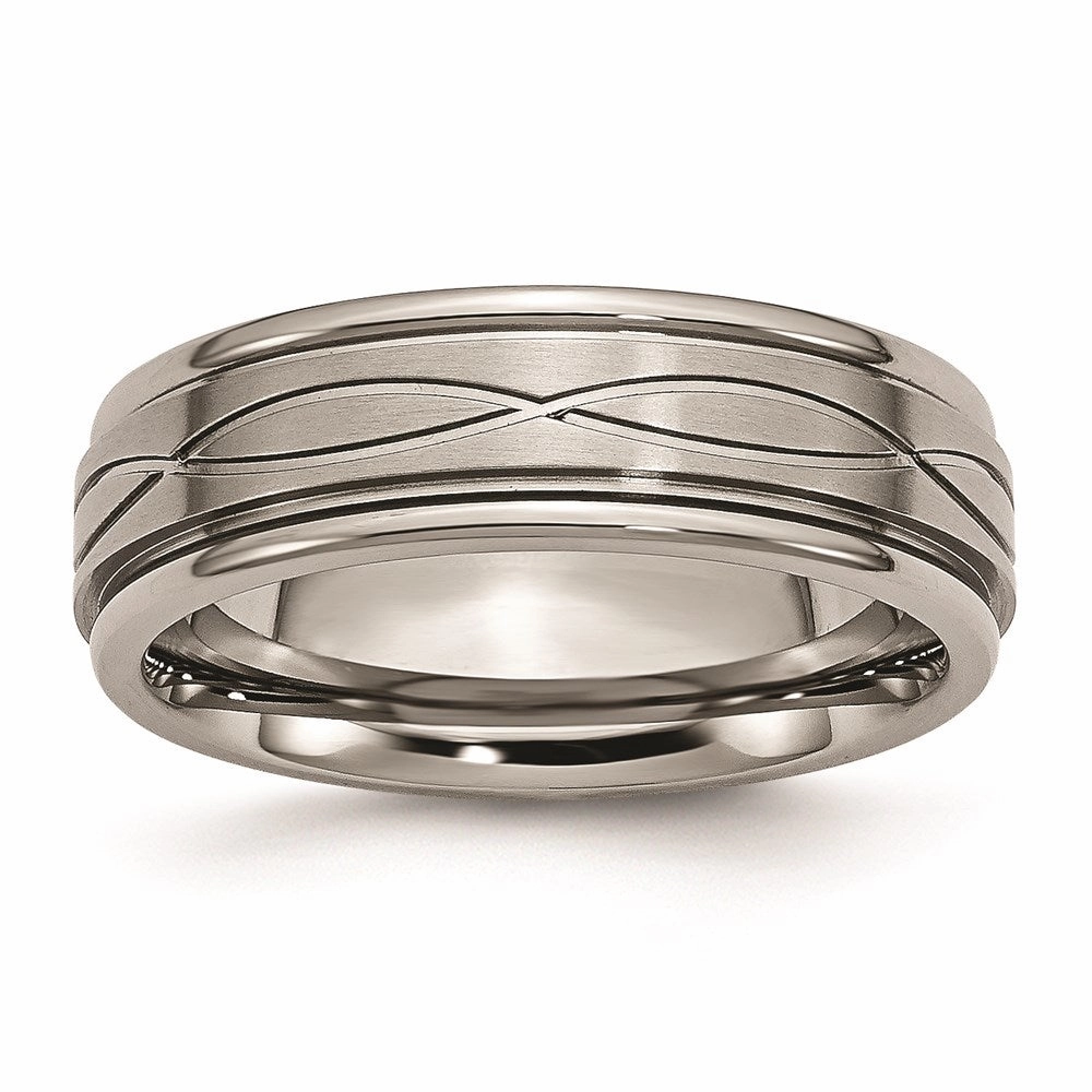 Titanium Polished Criss-cross Design Brushed Center Ridged Edge Band | TB73