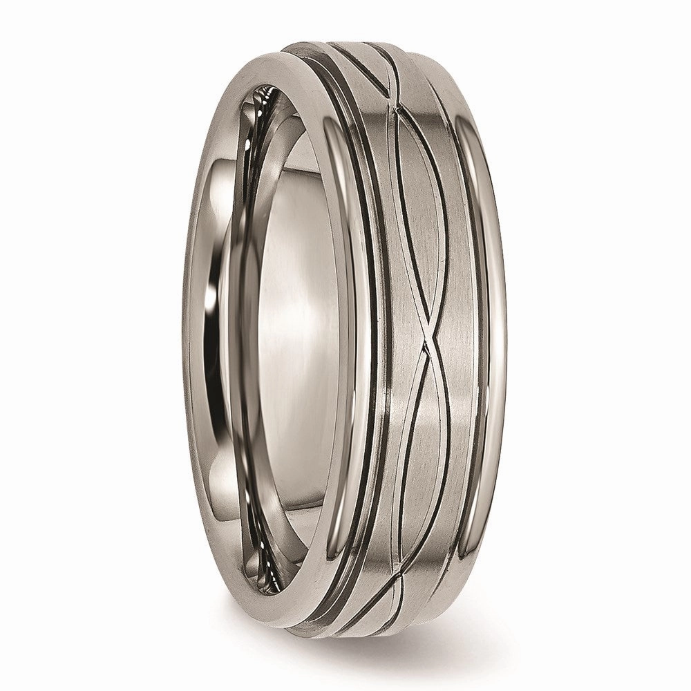 Titanium Polished Criss-cross Design Brushed Center Ridged Edge Band | TB73