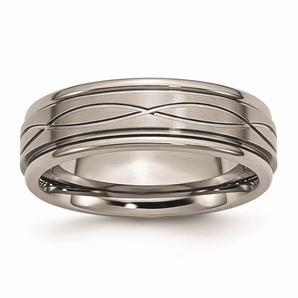 Titanium Polished Criss-cross Design Brushed Center Ridged Edge Band | TB73