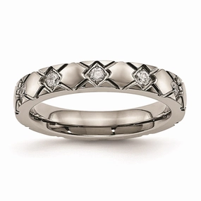 Titanium Polished Criss Cross Grooved CZ Ring | TB485