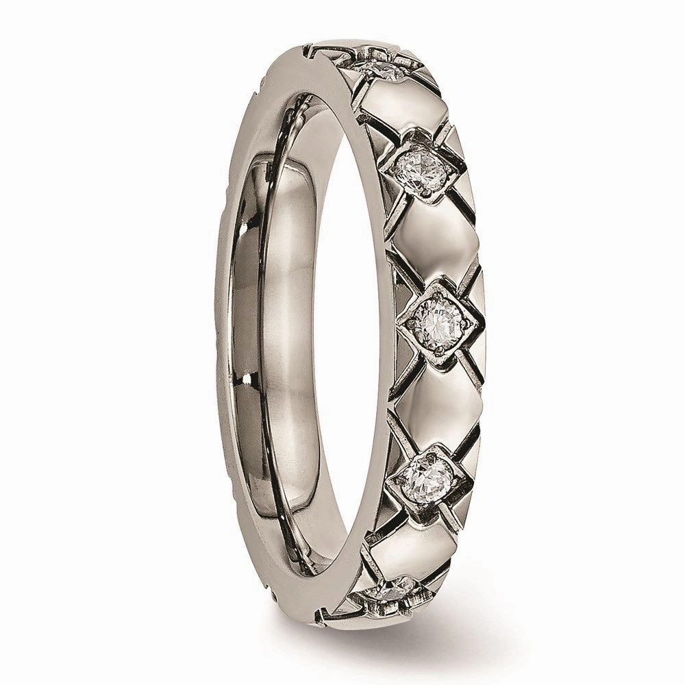 Titanium Polished Criss Cross Grooved CZ Ring | TB485