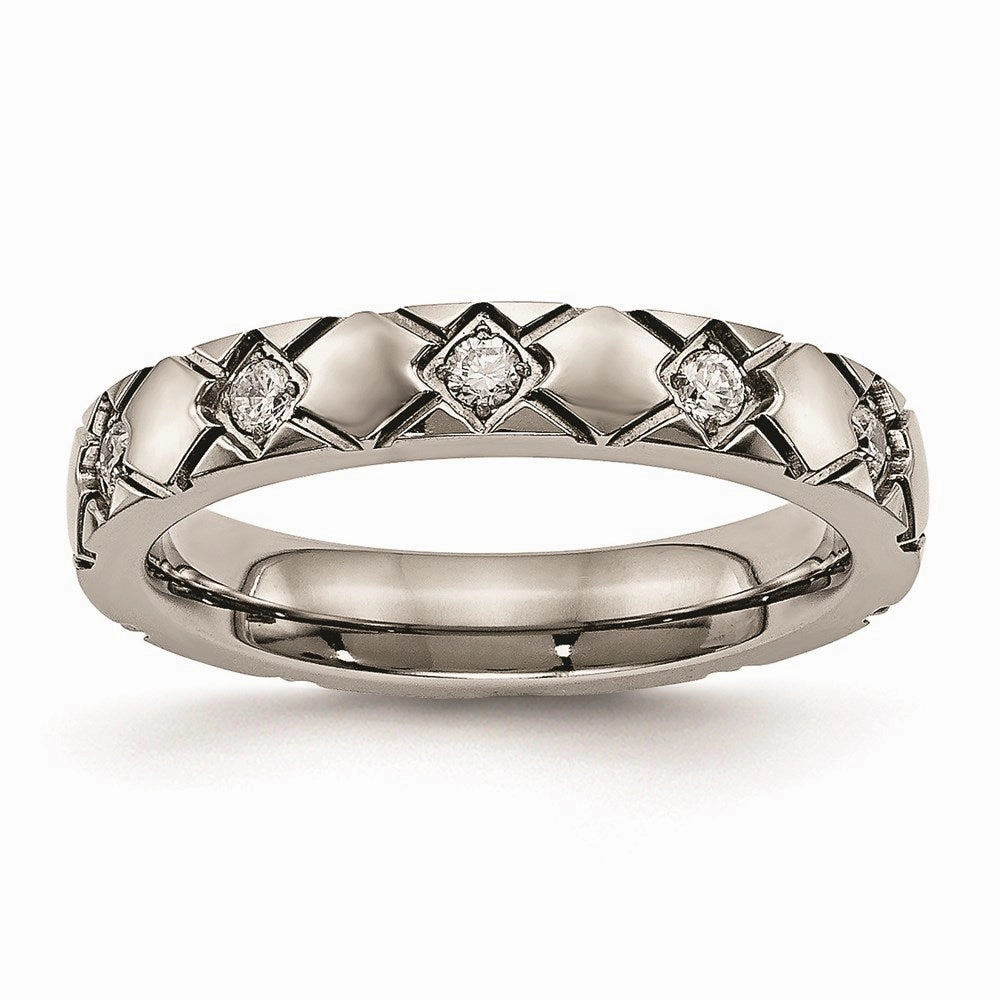 Titanium Polished Criss Cross Grooved CZ Ring | TB485