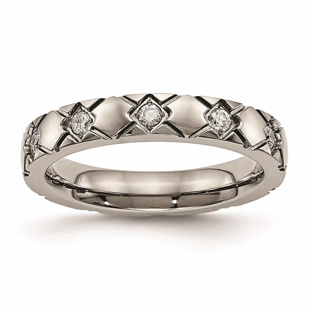 Titanium Polished Criss Cross Grooved CZ Ring | TB485