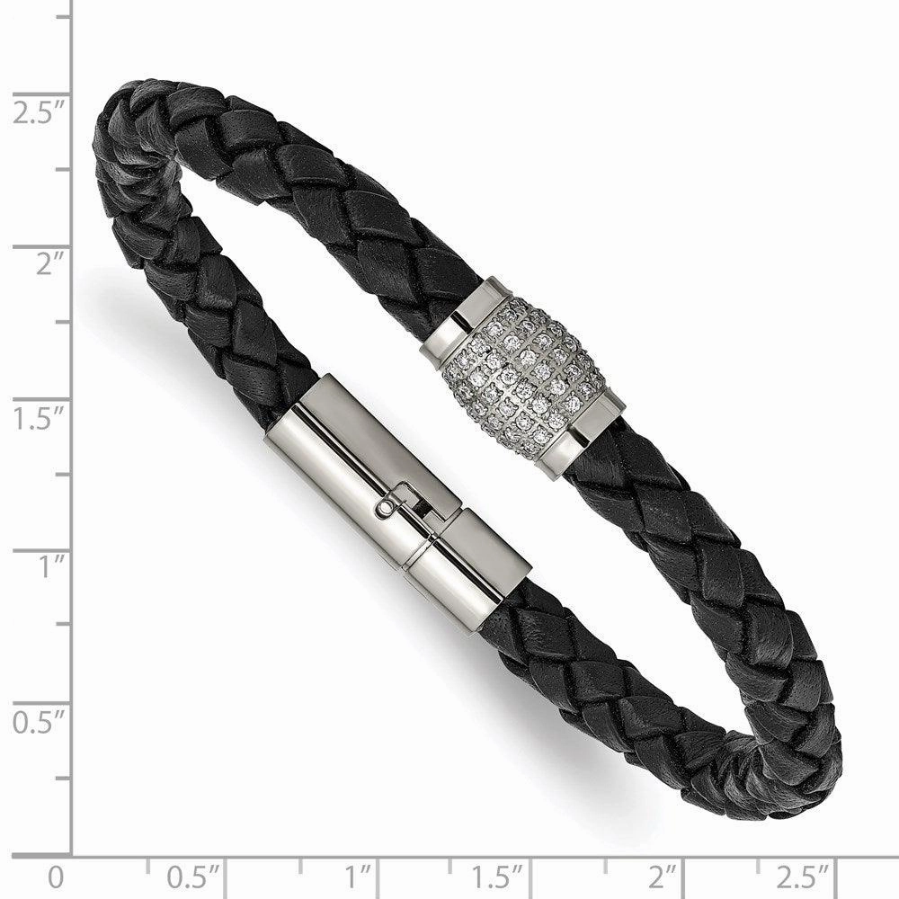 Titanium Polished CZs Black Leather Bracelet