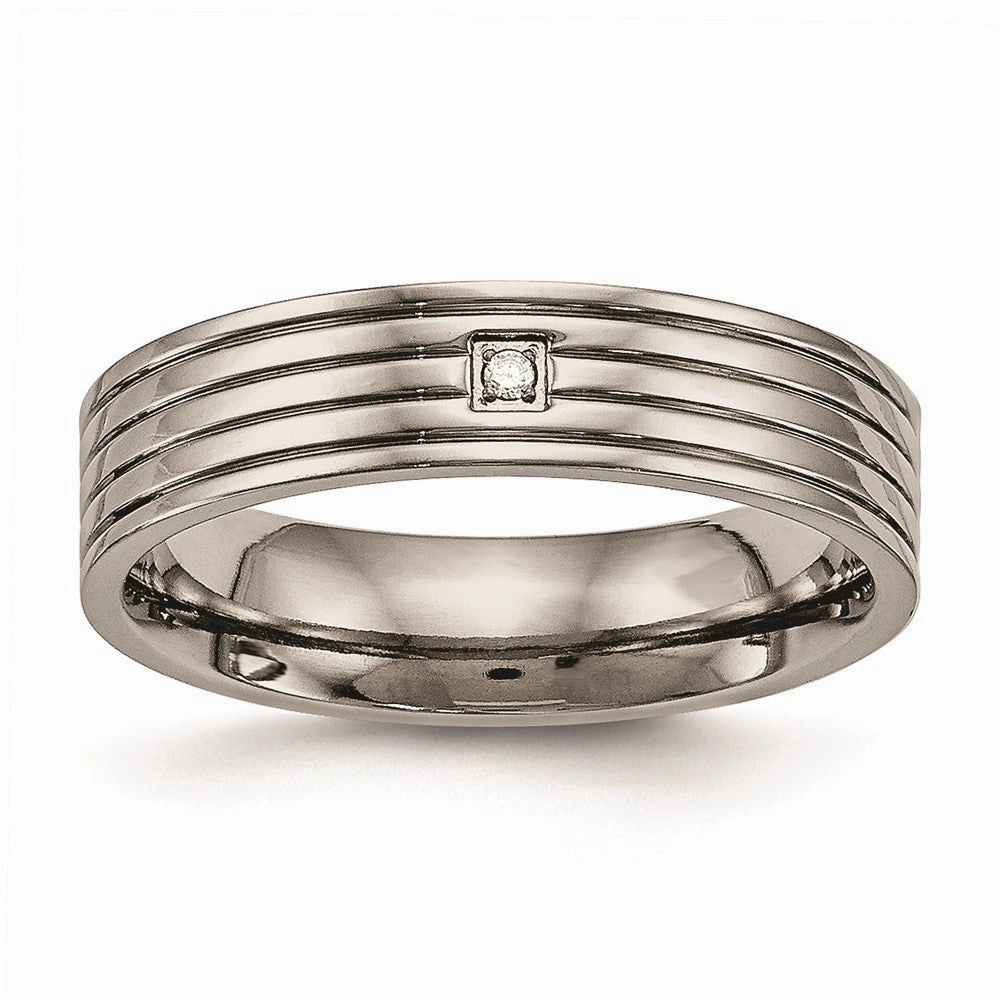Titanium Polished Grooved Comfort Back CZ Ring | TB474