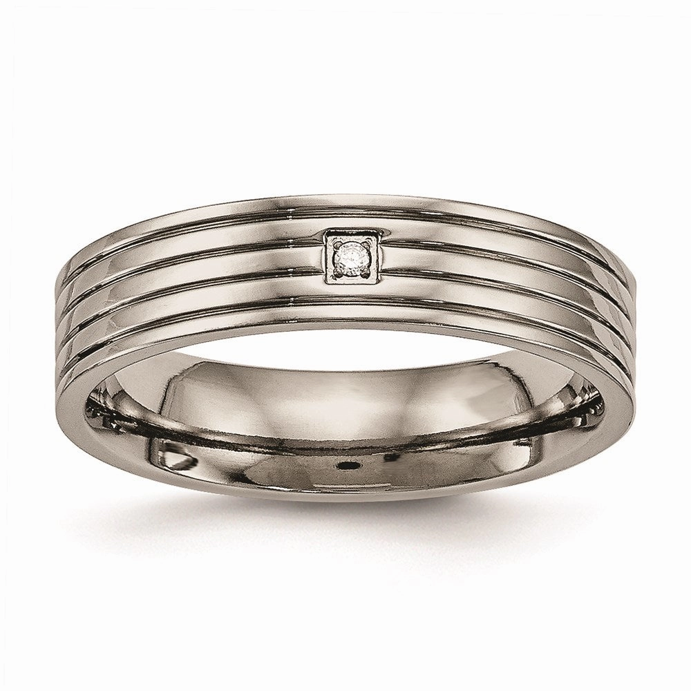 Titanium Polished Grooved Comfort Back CZ Ring | TB474