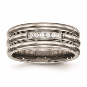 Titanium Polished Grooved CZ Ring | TB481