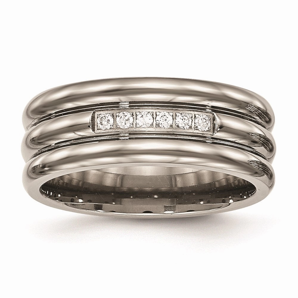 Titanium Polished Grooved CZ Ring | TB481