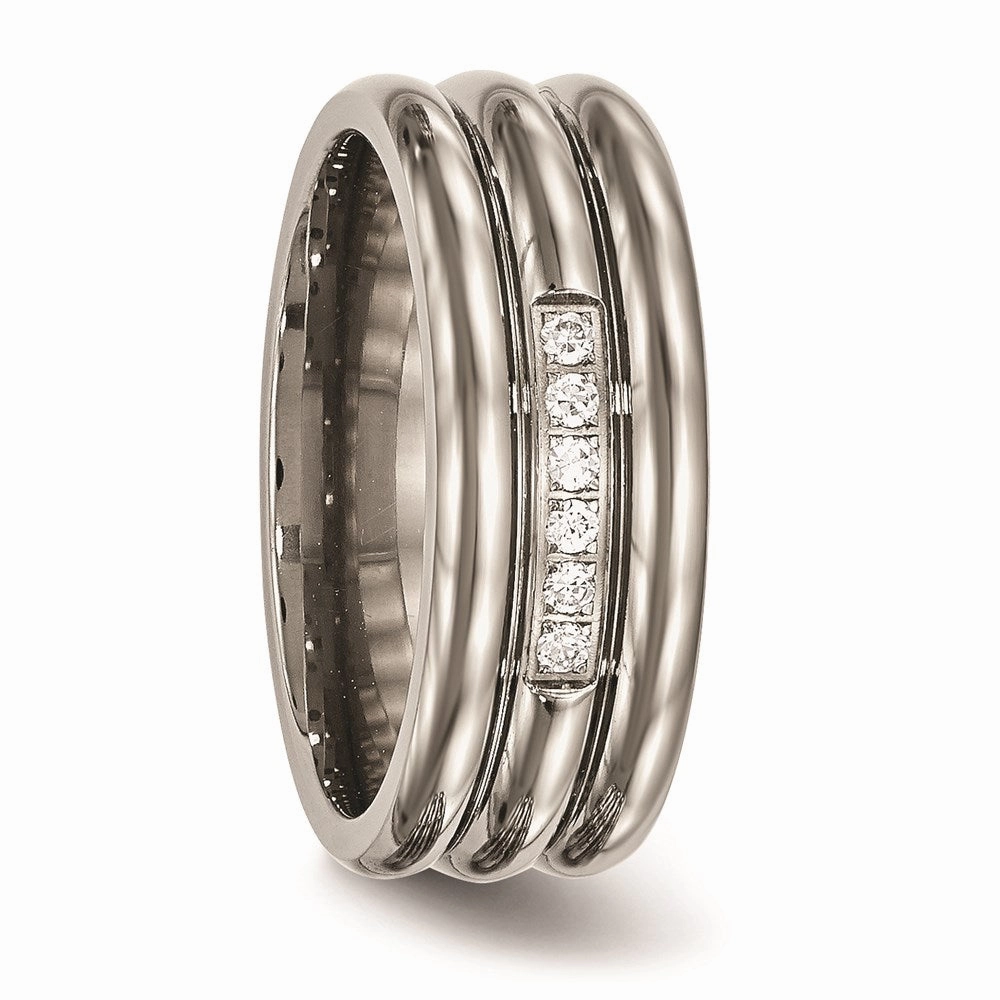Titanium Polished Grooved CZ Ring | TB481