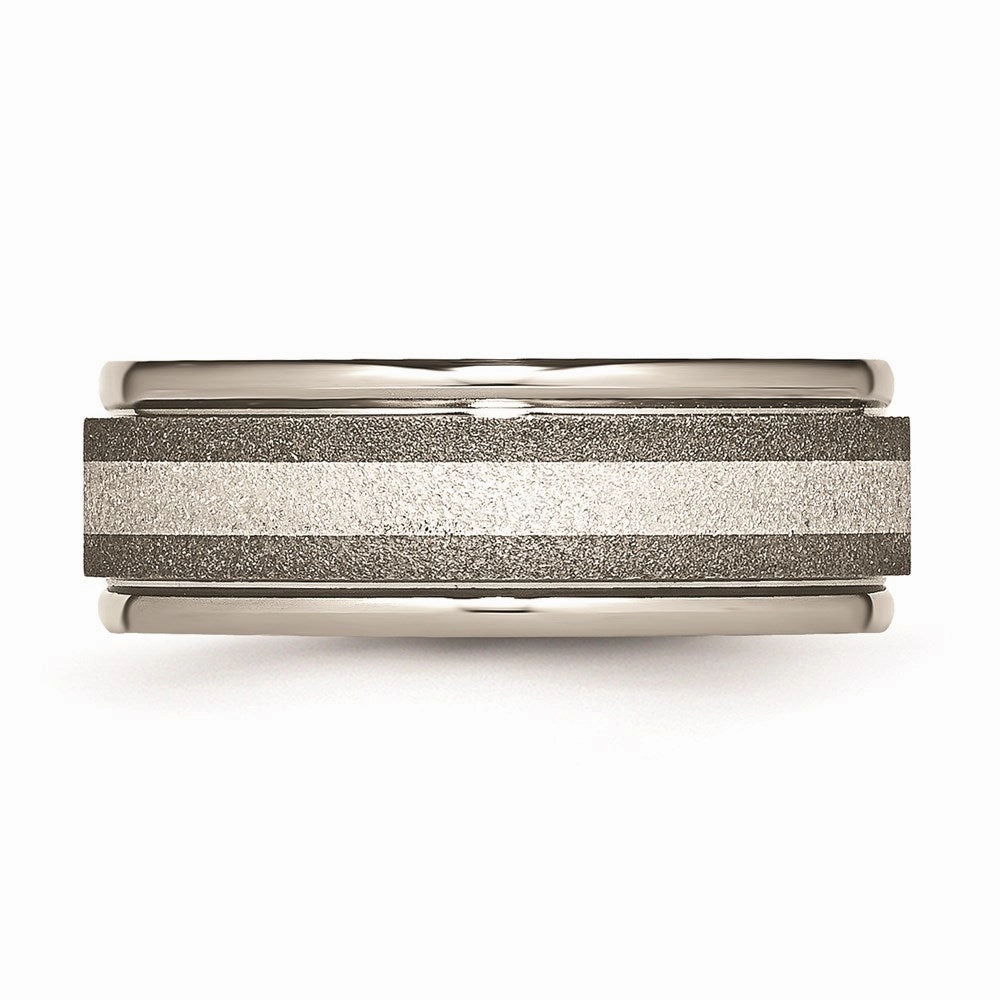 Titanium Polished /Stone Finish Center Grooved Edge Sterling Inlay Band | TB83