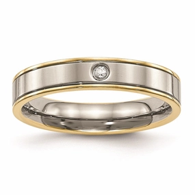 Titanium Polished Yellow IP Grooved Comfort Back CZ Ring | TB472