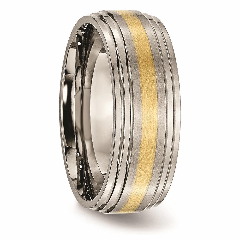 Titanium Ridged Edge 14k Yellow Inlay 8mm Brushed/Polished Band | TB101