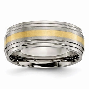 Titanium Ridged Edge 14k Yellow Inlay 8mm Brushed/Polished Band | TB101