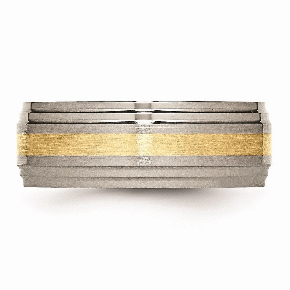 Titanium Ridged Edge 14k Yellow Inlay 8mm Brushed/Polished Band | TB101