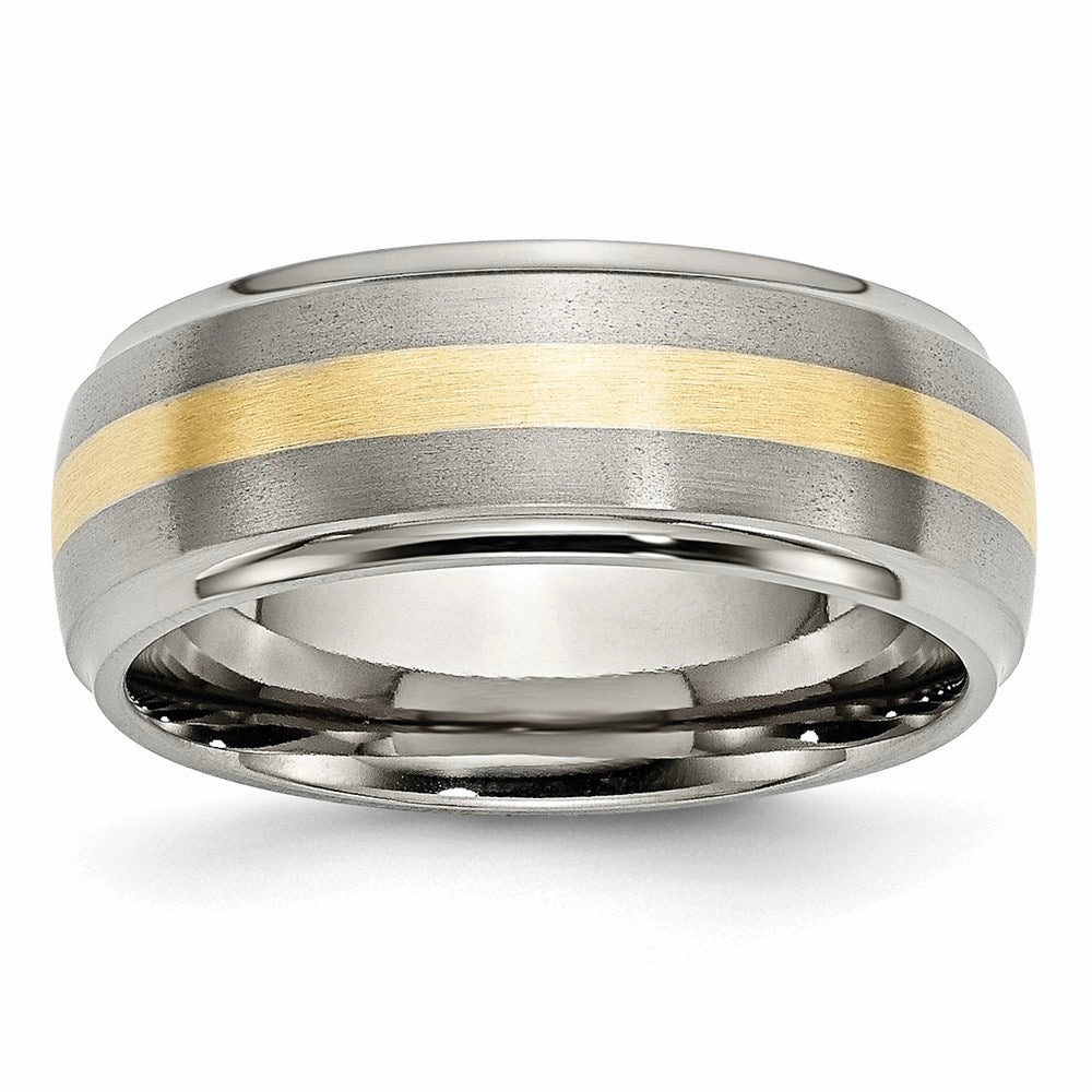 Titanium Ridged Edge 14k Yellow Inlay 8mm Brushed/Polished Band | TB102