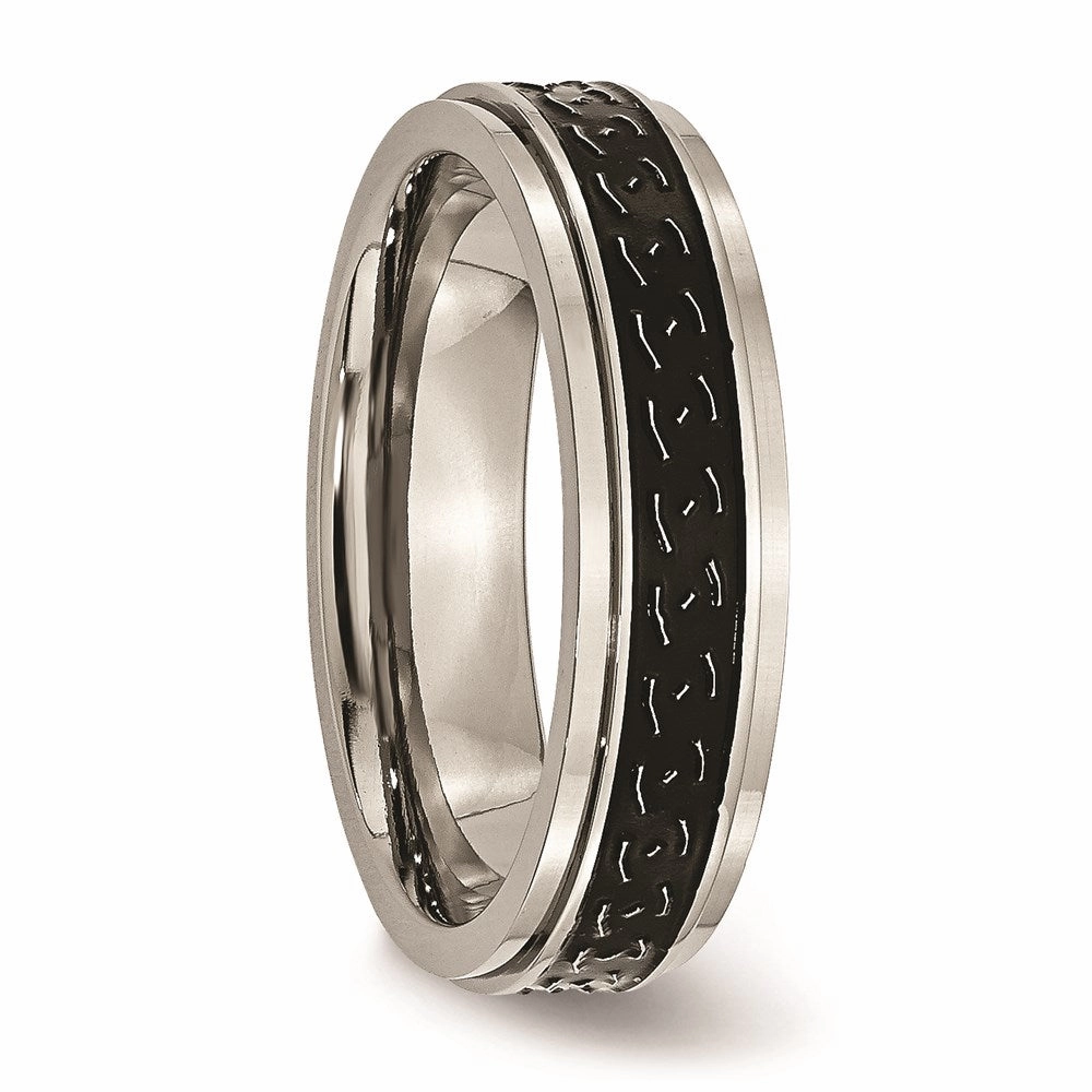 Titanium Ridged Edge Black Enamel Braid Design 6mm Polished Band | TB193