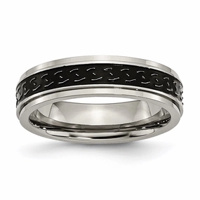 Titanium Ridged Edge Black Enamel Braid Design 6mm Polished Band | TB193