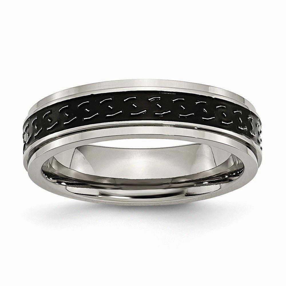 Titanium Ridged Edge Black Enamel Braid Design 6mm Polished Band | TB193