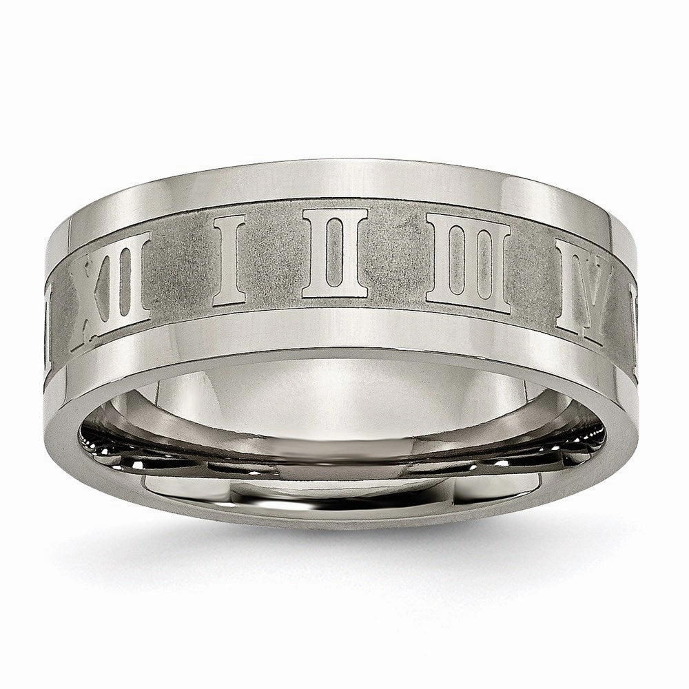 Titanium Roman Numerals 8mm Satin & Polished Flat Band | TB346