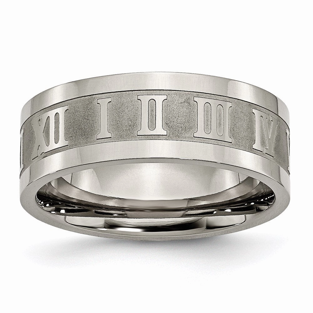 Titanium Roman Numerals 8mm Satin & Polished Flat Band | TB346
