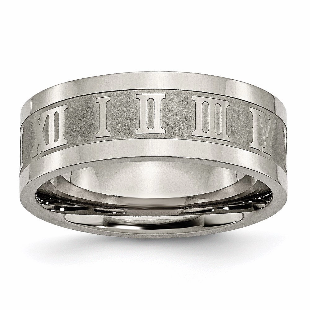 Titanium Roman Numerals 8mm Satin & Polished Flat Band | TB346