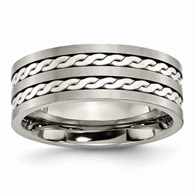 Titanium Sterling Silver Braided Inlay 8mm Brushed and Antiqued Band | TB216