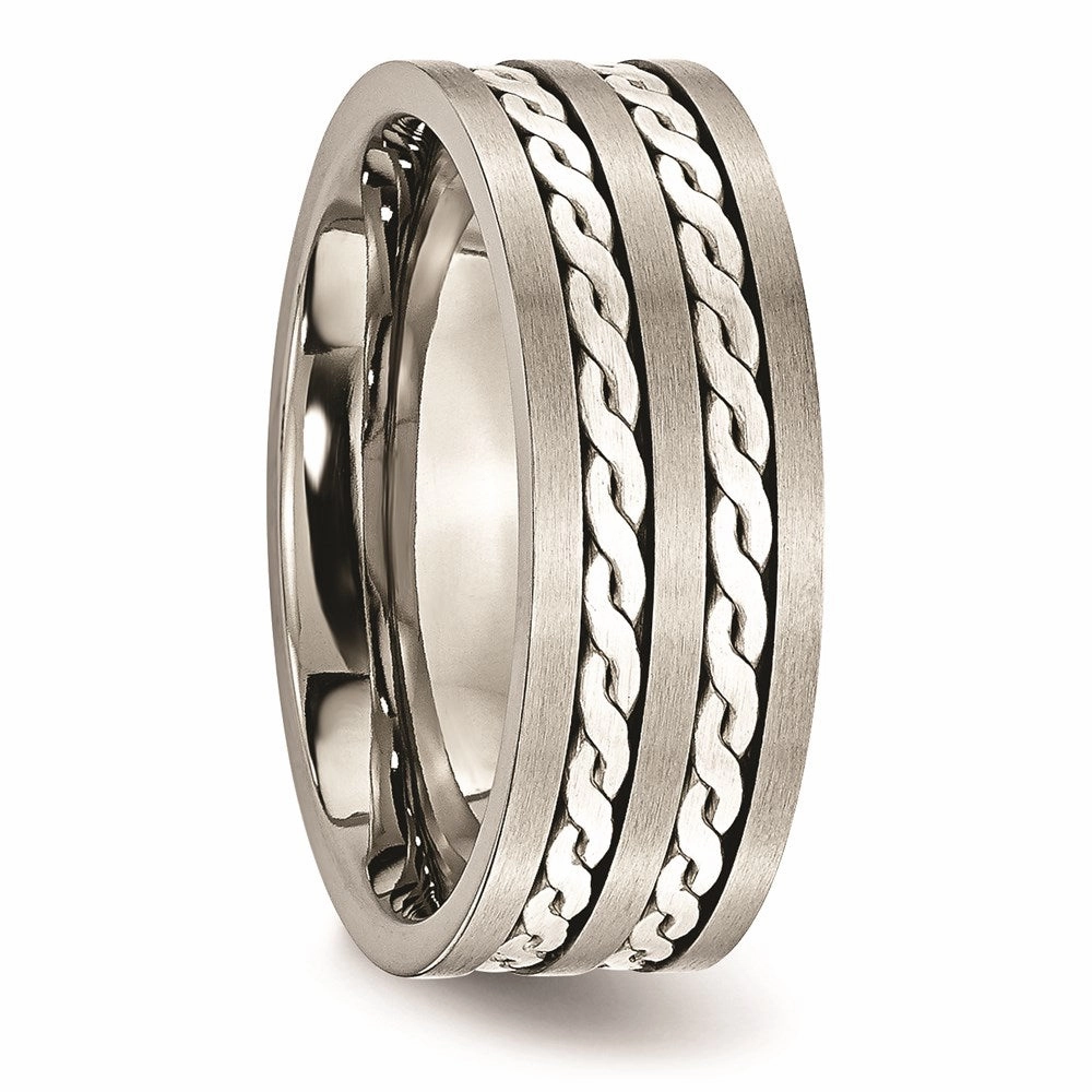 Titanium Sterling Silver Braided Inlay 8mm Brushed and Antiqued Band | TB216