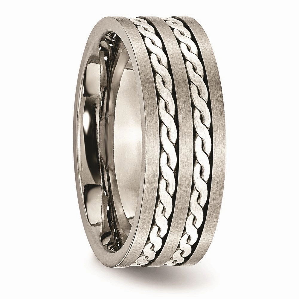 Titanium Sterling Silver Braided Inlay 8mm Brushed and Antiqued Band | TB216