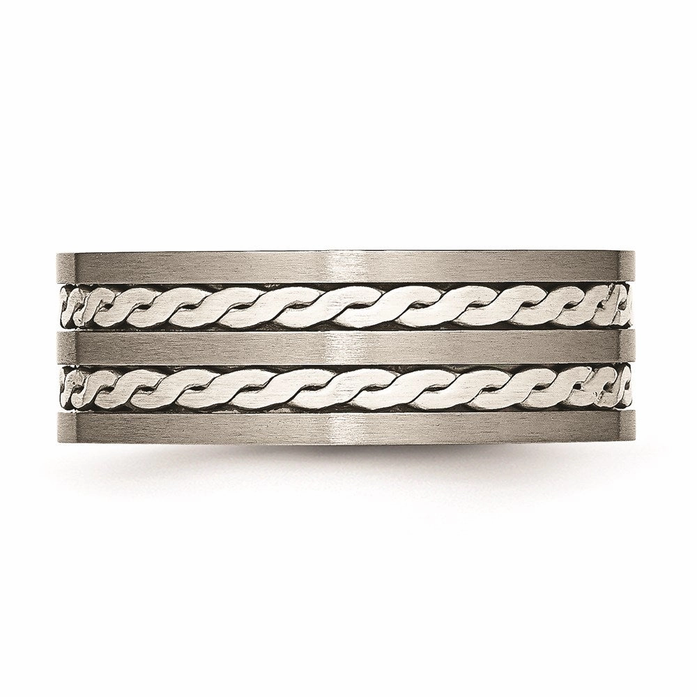 Titanium Sterling Silver Braided Inlay 8mm Brushed and Antiqued Band | TB216