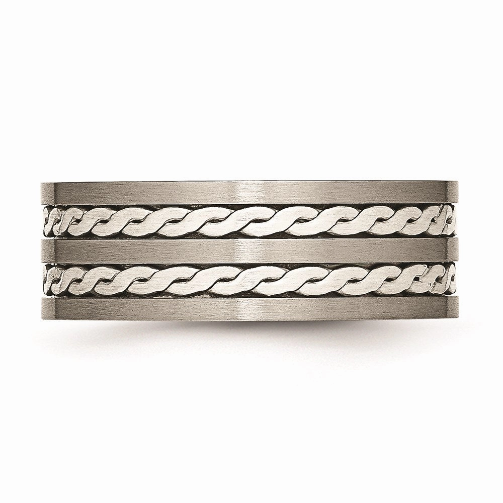 Titanium Sterling Silver Braided Inlay 8mm Brushed and Antiqued Band | TB216