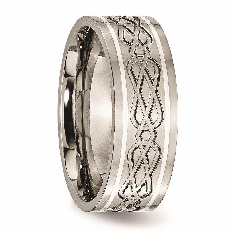 Titanium Sterling Silver Inlay Celtic Knot Flat 8mm Polished Band | TB79