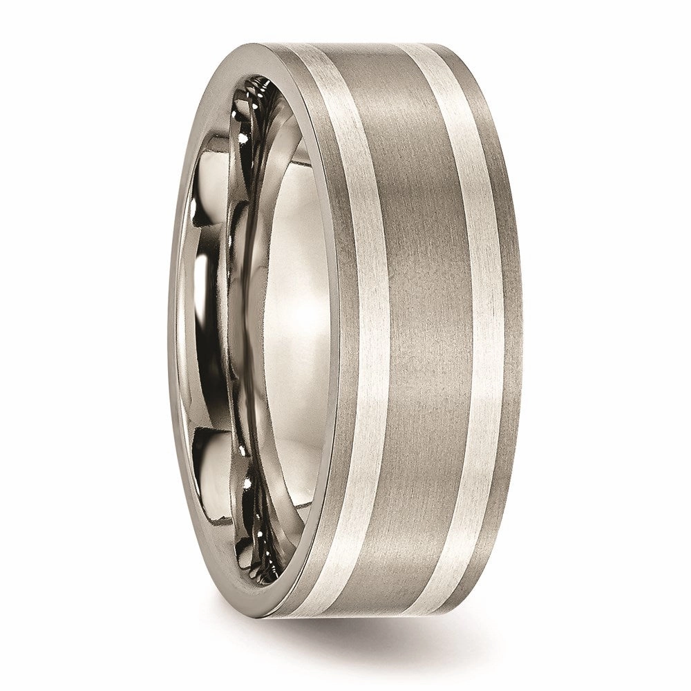 Titanium Sterling Silver Inlay Flat 8mm Brushed and Polished Band | TB214