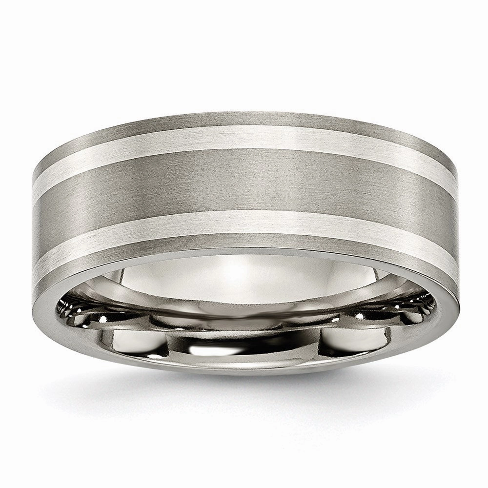 Titanium Sterling Silver Inlay Flat 8mm Brushed and Polished Band | TB214