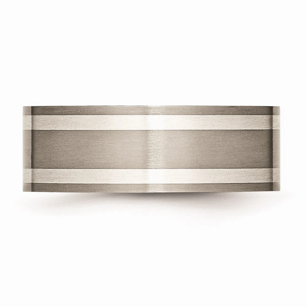 Titanium Sterling Silver Inlay Flat 8mm Brushed and Polished Band | TB214