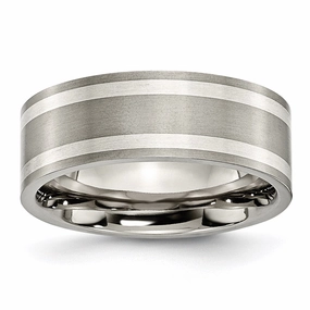 Titanium Sterling Silver Inlay Flat 8mm Brushed and Polished Band | TB214