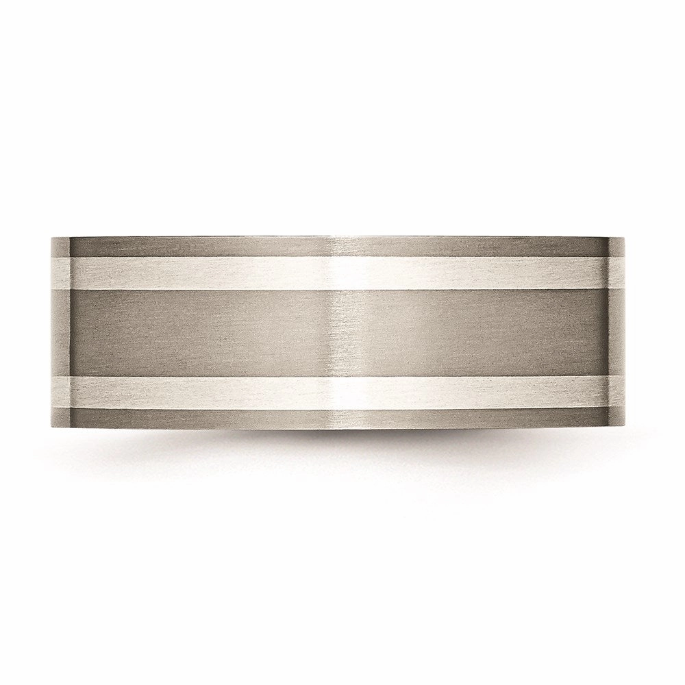 Titanium Sterling Silver Inlay Flat 8mm Brushed and Polished Band | TB214