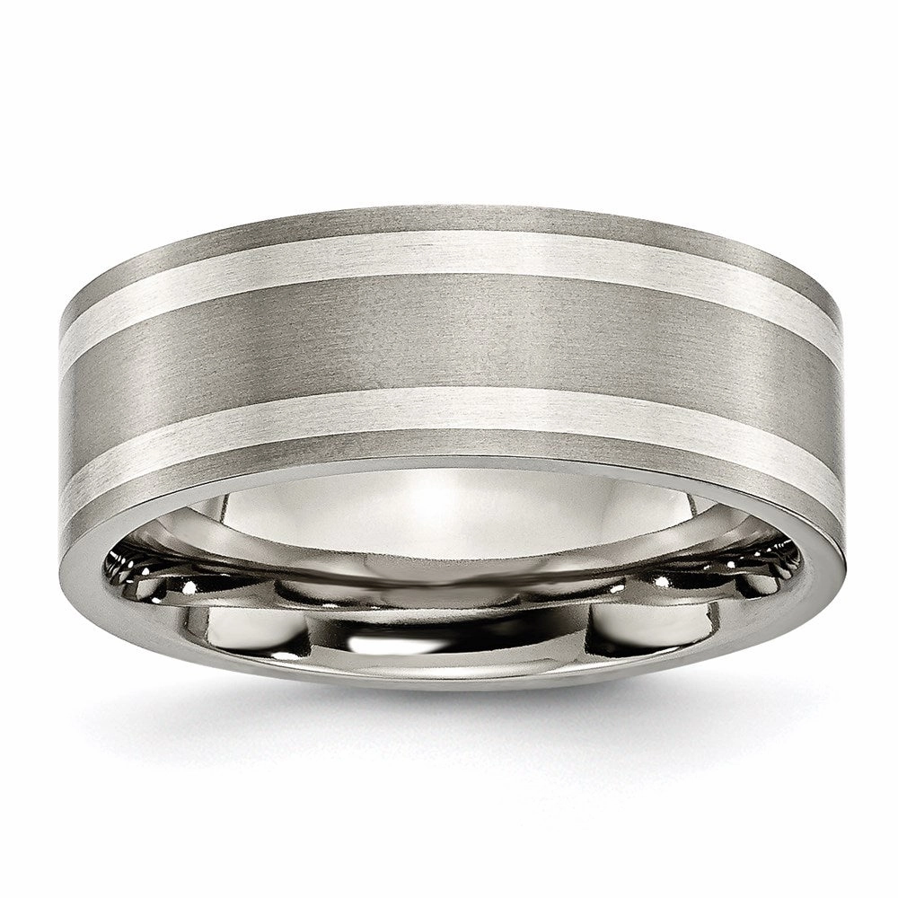 Titanium Sterling Silver Inlay Flat 8mm Brushed and Polished Band | TB214