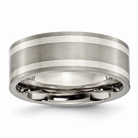 Titanium Sterling Silver Inlay Flat 8mm Brushed and Polished Band | TB214