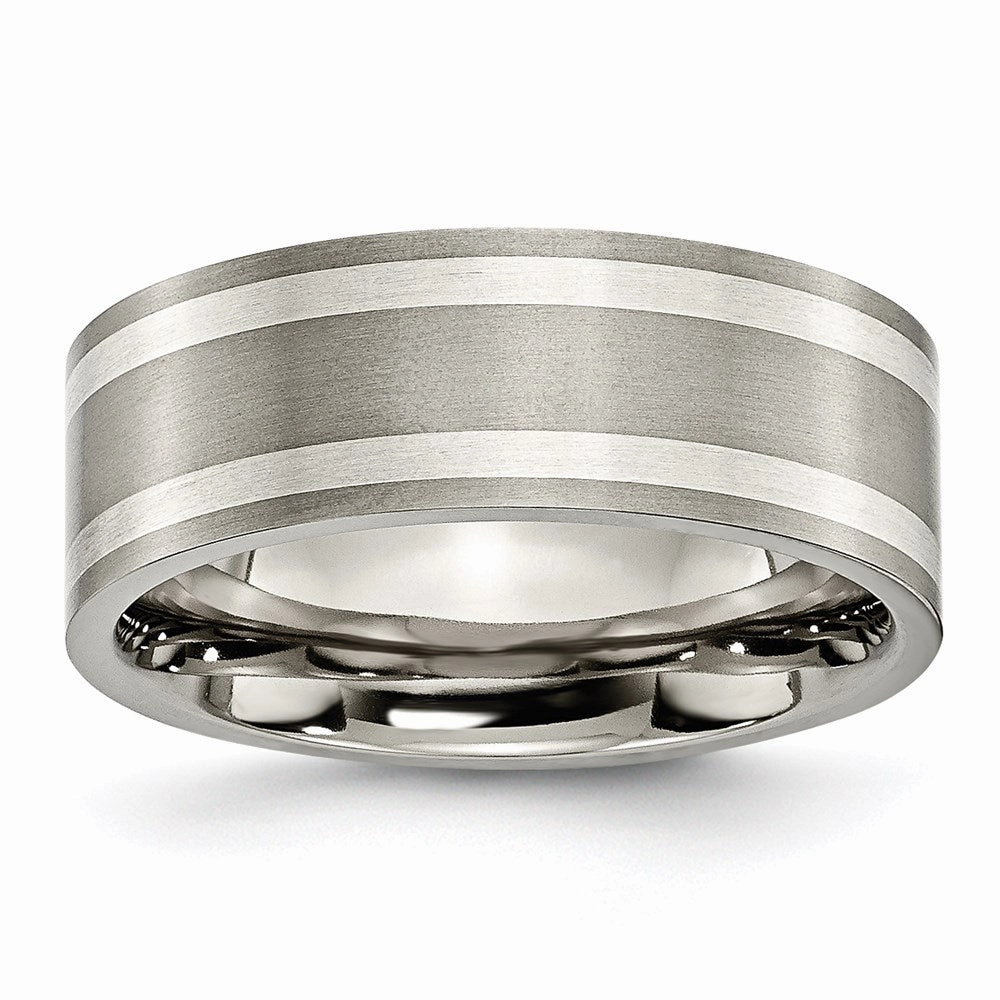Titanium Sterling Silver Inlay Flat 8mm Brushed and Polished Band | TB214