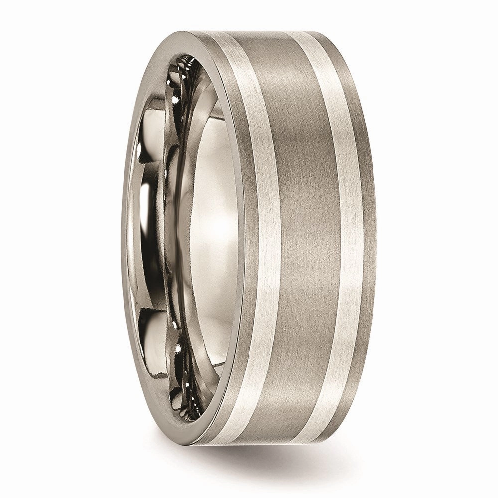 Titanium Sterling Silver Inlay Flat 8mm Brushed and Polished Band | TB214