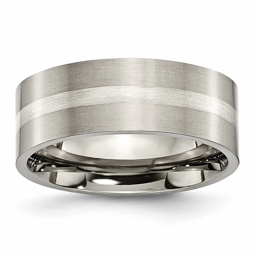 Titanium Sterling Silver Inlay Flat 8mm Brushed Band | TB207