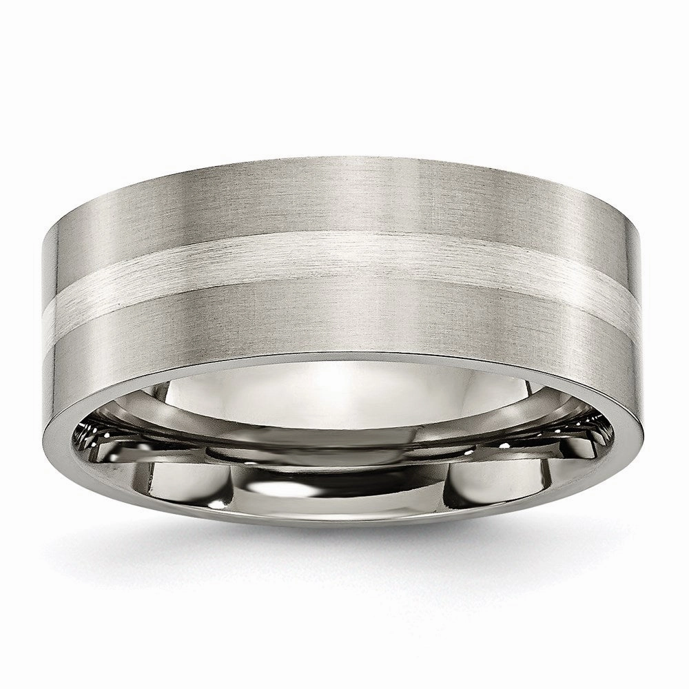 Titanium Sterling Silver Inlay Flat 8mm Brushed Band | TB207