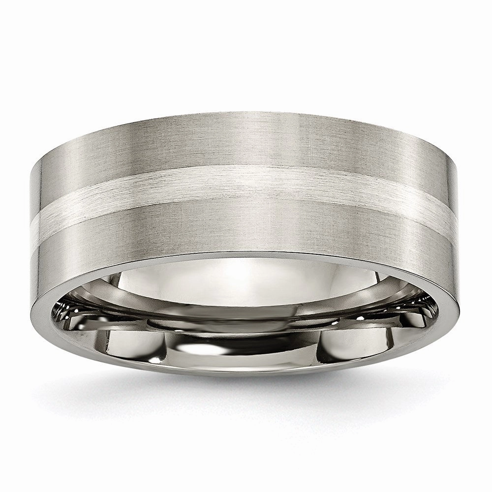 Titanium Sterling Silver Inlay Flat 8mm Brushed Band | TB207
