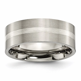 Titanium Sterling Silver Inlay Flat 8mm Brushed Band | TB207