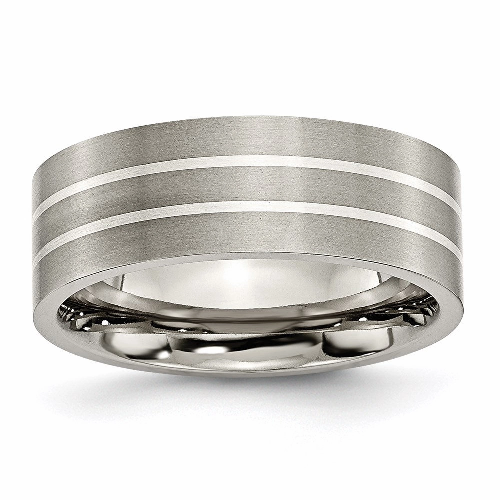 Titanium Sterling Silver Inlay Flat 8mm Brushed Band | TB213